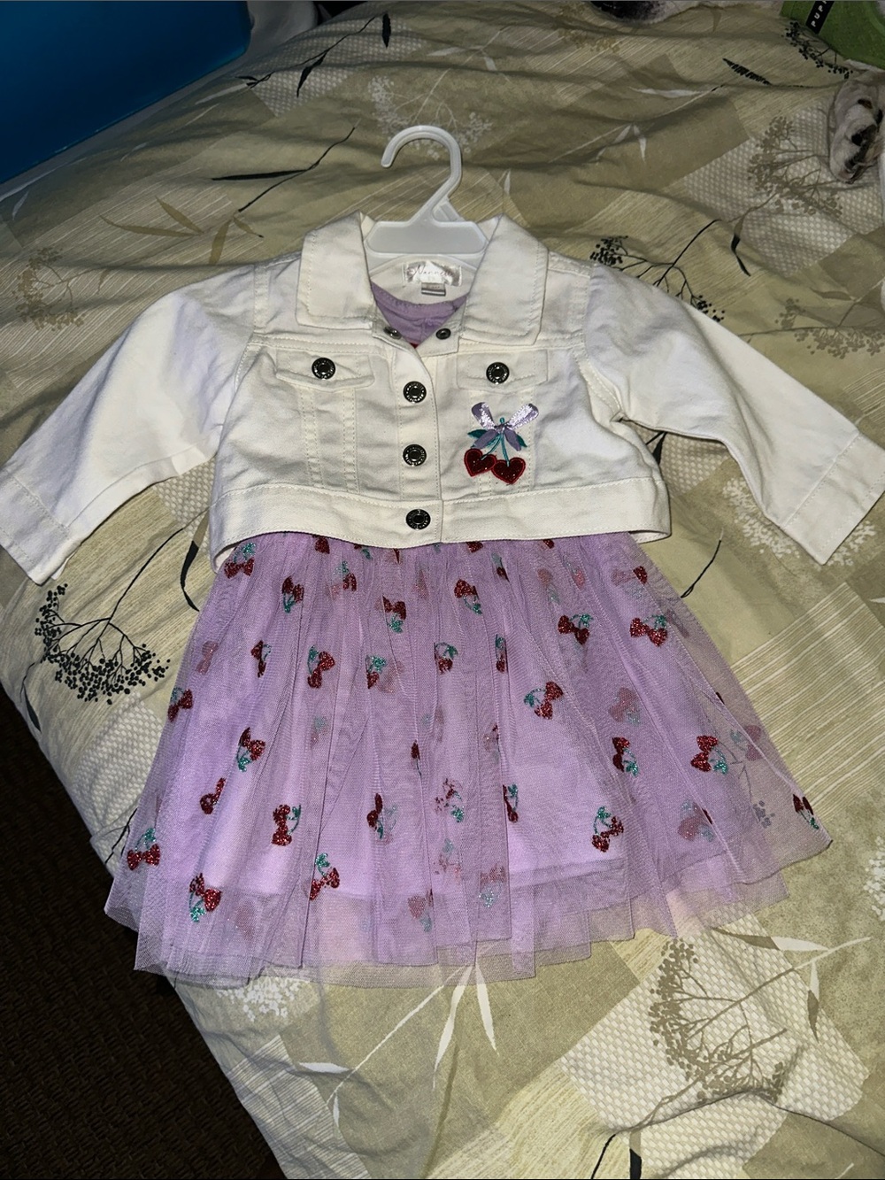 Nannette Lilac Tulle Cherry Dress with White Cropped Denim Jacket